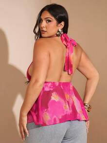 Truni Top de Verão com Decote Halter Sexy, Barra com Babado e Estampa Tie-Dye para Mulheres Plus Size, Ideal para Férias na Praia, Estilo Boho Tropical, Festivais, Concertos Country e Roupas Típicas de Ibiza e Nashville, Adequada para Tipos Físicos Pêra e Triângulo - Rosa chiclete - Visão 3