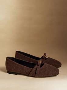 Rosivie Damen Ballerinas mit rundem Zehenbereich, Kaffeebraun, Fellbesatz, Blumenmuster, Metallschnalle am Knöchelriemen, bequeme, lässige französische Stil Slip-On Schuhe - Kastanienbraun - Übersicht 5