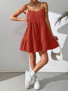 SHEIN EZwear Đầm babydoll hai dây hở lưng màu nâu gỉ sét bằng vải chiffon, kiểu dáng thường ngày, thích hợp cho kỳ nghỉ hè, dành cho nữ, thích hợp mặc mùa xuân/hè. - Rỉ Nâu - Xem 3