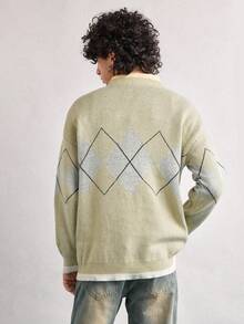 Open Phase Men's Casual Loose Pullover Sweater With Tennis, English Letter, Heart-Broken, Number All-Over Pattern, Retro Streetwear, Autumn/Winter, Long Sleeve Top Summer Outfits,Suitable For Everyday Wear,Relaxed Fit ,Summer Holiday Outfits - Green - View 2