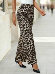 SHEIN Clasi 女士优雅高腰显瘦弹力针织阔腿长款豹纹裤，百搭日常穿搭，春季女装春假狂欢节女装造型，2026春夏狂欢节必备猎豹纹裤，动物纹阔腿裤，高腰裤 - 彩色 - 查看 6