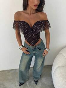 Aloruh Áo kiểu trễ vai chấm bi nâu, chất liệu chiffon xếp ly, giả xương cá, dành cho nữ, thích hợp đi biển, nghỉ hè, đi chơi, đi nghỉ mát. - màu nâu - Xem 6