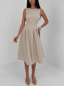 Aloruh Sleeveless Gathered Shoulder Ruched Waist Flared Hem Minimalist Commuter Dress - Khaki - View 3