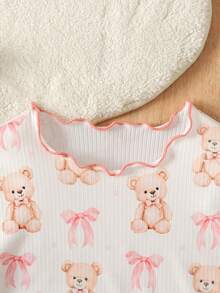 SHEIN Young Girls Cute Cartoon Pattern Ruffle Trim Round Neck Short Sleeve Top And Pants Knit Comfy Fitted Pajama Set, 2pcs - Beige - View 4