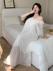 Dazy Plus Mesh Contrast Lace Off-Shoulder Loose Sexy Long Nightgown - White - View 8