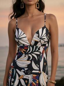 CAJUNI 女士休闲度假吊带无袖露肩露背黑色/白色/彩色鸟类印花V领长裙，适合约会、派对、外出等场合。 - 黑與白 - 查看 4