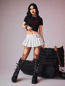 ROMWE Grunge Punk Women's Striped Super Short Mini Pleated Skirt With Metal Accessories - White - View 6