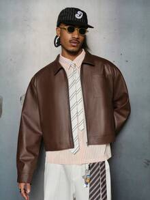 PAVTROS Manfinity Streetrush 男士街头风流行 INS 同款时尚休闲拉链口袋 PU 皮革长袖夹克，街头服饰，我爱我的男朋友，PU 夹克，INS 穿搭，男士摩卡色飞行员夹克，男士棕色夹克，男士短款夹克，男士棕色皮夹克 - 紅色 - 查看 6