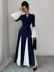 Siren Gaze Vestido longo feminino com punhos oversized em cores contrastantes - Azul - Ver 6