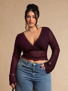 SHEIN BAE Blusa de manga larga con parches de encaje y malla de unicolor, camiseta interior, prenda exterior, para el Día de San Valentín, talla grande - Morado - Ver 4