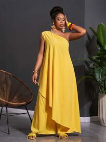 Blusa asimétrica amarilla + pantalón ancho: conjunto talla grande para primavera/verano 2026 - Amarillo - Ver 5