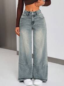 SHEIN ICON Jeans de pierna ancha con bolsillos y botones, de uso casual y versátil para uso diario de mujeres - Azul - Ver 4