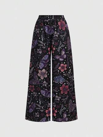 Pantaloni da donna con stampa floreale e farfalle e falene all-over in stile Fairycore