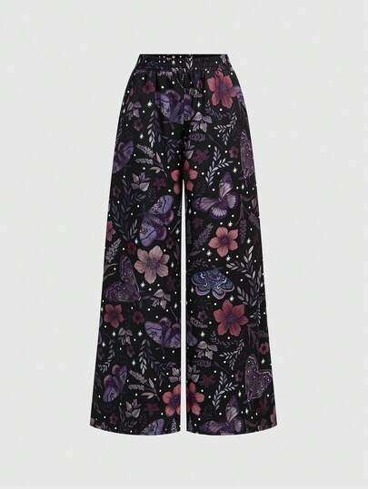 Pantalon à imprimé floral tout-sur-tout avec papillons et papillons de nuit, style Fairycore pour femmes