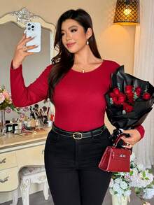Vionelle Plus Size Women's Red And White Autumn Elegant Party 3D Organza Bow Back Knit Long Sleeve T-Shirt Jumper,Valentine's Day V Neck Pullover Casual Top - Red - View 5
