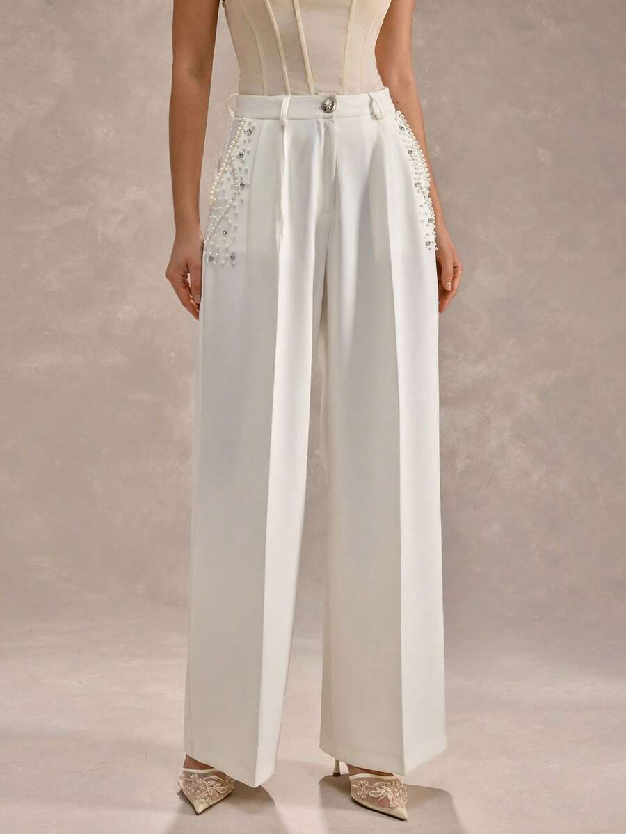 CLARA VERO White Pearl And Rhinestone Embellished Wide Leg Pants: Loose Fit, Ideal For Special Occasions Or Daywear, Made From Non-Elastic Polyester Fabric With Double Front Pleats, High Waist And Elegant Beaded Hem Details - White - View 1