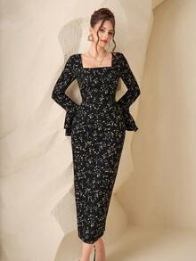 Modelyn Đầm midi nữ màu đen dệt kim in kỹ thuật số, tay loe, ôm eo, kiểu dáng thanh lịch, thích hợp cho mùa xuân/hè. - màu đen - Xem 3