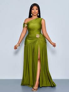 SOLERSUN 加大码不对称领口上衣和开衩大腿裙 - 綠色 - 查看 2