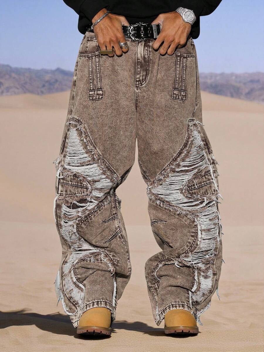 Manfinity Roghcode 男士休闲做旧拼接卡其色牛仔裤 - 卡其色 - 查看 1