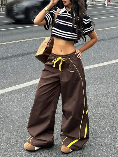 Coolane Casual Women Outfits Spring/Summer Streetwear Casual Going Out Y2K Coffee Brown Contrast Color Women's Drawstring Wais Casual Pants Parachute Pants,Summer Holiday Outfits