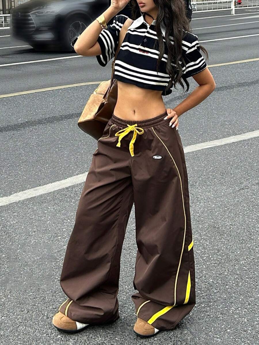 Coolane Casual Women Outfits Spring/Summer Streetwear Casual Going Out Y2K Coffee Brown Contrast Color Women's Drawstring Wais Casual Pants Parachute Pants,Summer Holiday Outfits