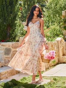 KARISMINA 浪漫花卉印花层叠荷叶边连衣裙，适合女性度假穿着，春夏皆宜 - 米色 - 查看 3