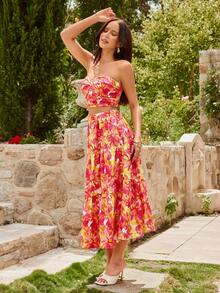 KARISMINA 女士雪纺印花抹胸上衣和半裙两件套，度假风，春夏款 - 彩色 - 查看 6