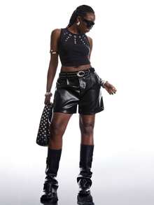 LYSMO 大码休闲纯色斜插口袋PU短裤，春秋季百搭 - 黑色 - 查看 6