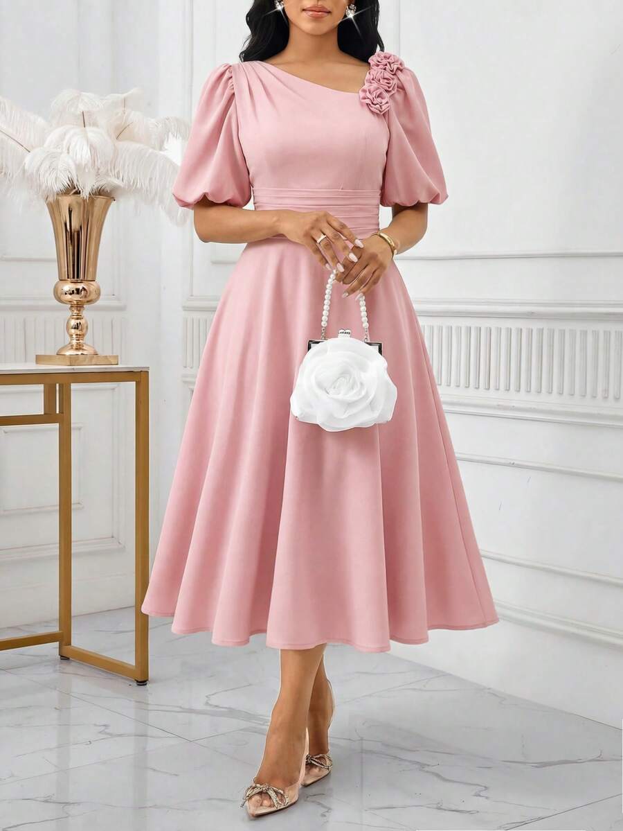 SHEIN Lady Gaun Pesta Elegan Wanita dengan Dekorasi Bunga 3D, Panjang Sedang - Berwarna merah muda - View 1