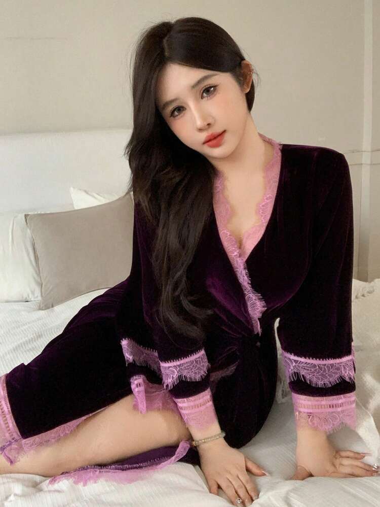 Dazy Plus Plus Size Women Velvet & Contrast Lace V-Neck Loose Tie Waist Elegant Long Robe, Spring/Autumn