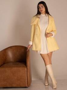 Andrea Bello Women's Asymmetric Collar Design With Fur Cuff, Cinched Waist Waist Elegant Overcoat For Daily Commute - Yellow - View 4