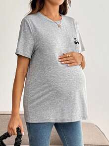 SHEIN 孕妇休闲樱桃刺绣短袖T恤，夏季 - 灰色 - 查看 7