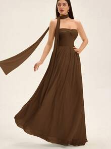 EMERY ROSE Twist Decor Bandeau Long Flowy Mesh Dress - Coffee - View 6