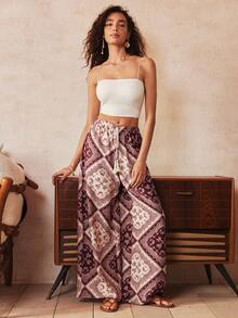 Lullawish Women's Casual Vacation All-Over Print Drawstring Waist Loungewear Bottoms - Burgundy - View 1