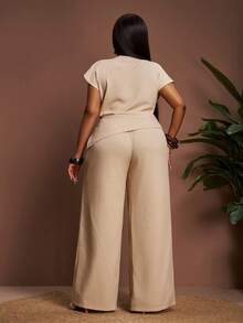 Veslaya 春夏新款优雅度假派对约会晚宴海滩休闲通勤音乐节两件套 - 无袖露脐上衣搭配带口袋的超长阔腿裤，大码裤装夏季套装两件套，女士优雅夏季穿搭 - 杏色 - 查看 2