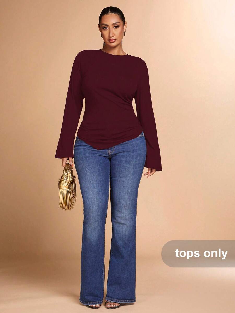 SHEIN BAE Plus Size Women Autumn Knit Long Sleeve Ruched Asymmetric Hem Top - Burgundy - View 1