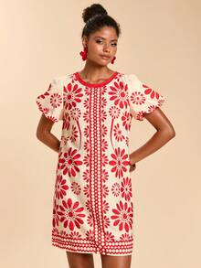 Travachic 女士休闲碎花泡泡袖短连衣裙，适合夏季度假 - 紅白色 - 查看 6