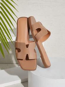 SHUZIA 女士镂空 H 型带露趾平底 PU 拖鞋 - 百搭且舒适