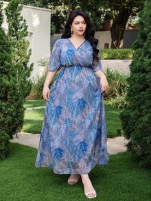 Dazy Plus Đầm maxi hoa lá tay xòe bằng vải chiffon thanh lịch, kiểu dáng thường ngày phù hợp cho phụ nữ cỡ lớn, đầm mùa xuân/hè. - Màu xanh lam - Xem 3