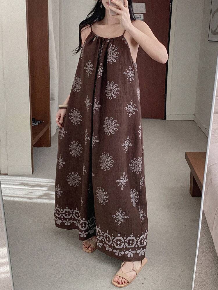 Women's Floral Print Pleated Loose Spaghetti Strap Mid-Length Dress, Vacation Style Cruise Outfit For Women Sundress Summer Boho