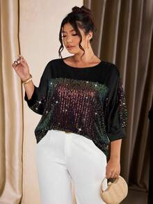 Cravure Plus Size Sequin Patchwork Satin Round Neck 3/4 Sleeve Loose Casual Blouse, Suitable For Outing, Party, Gathering - Multicolor - View 8