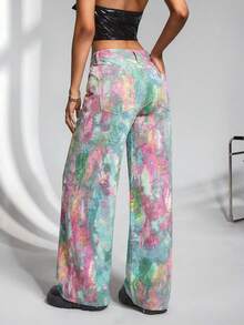 Jeanoix 女士时尚扎染印花阔腿牛仔裤 - 粉色 - 查看 2