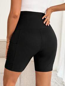 Slowluna Maternity Casual Everyday Commute Solid Color Ribbed Knit Adjustable Waist Shorts, Summer Holiday Outfits , Summer Outfits, Summer Clothes - Black - View 2