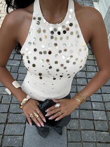 Siren Gaze 亮片刺绣吊带露背针织吊带背心 - 白色 - 查看 6