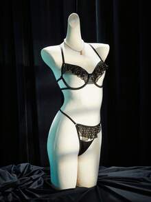 SpicyHot 2pcs Sexy Pleated Polka Dot Hollow-Out Underwire Top And G-String Set - Black - View 6