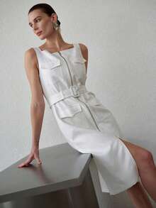 MOTF PREMIUM WOMEN'S LINEN-FEEL FITTED MID-LENGTH DRESS, SPRING/SUMMER - White - View 4