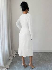 Elenzga 女士秋冬针织修身圆领常规肩部长袖收腰A字型假口袋蝴蝶结装饰优雅休闲圣诞派对假日中长连衣裙 - 彩色 - 查看 2