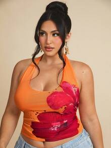 SHEIN BAE Áo nữ cỡ lớn cổ yếm họa tiết hoa mùa hè/ Áo dự lễ hội âm nhạc/ Áo đi biển, Áo đen/ Áo in hoa màu cam/ Áo mùa hè, Áo ngày Valentine - Nhiều màu - Xem 5