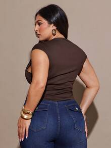 SHEIN BAE PLUS SIZE Women's Summer Fashion Solid Color Asymmetric Neck T-Shirt,Winter, Summer,Cozy Fall,Halloween Costume - Brown - View 5