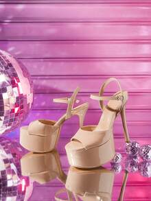 CUCCOO LuxiPop 女士厚底高跟凉鞋，踝带设计，杏色，性感时尚，适合夜店装扮 - 杏色 - 查看 3